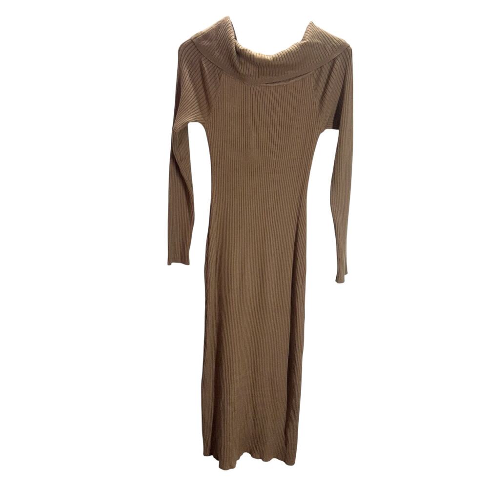 Off Shoulder Camel Sweater Dress M Ribbed Knit Long Sleeve Fall Midi‎